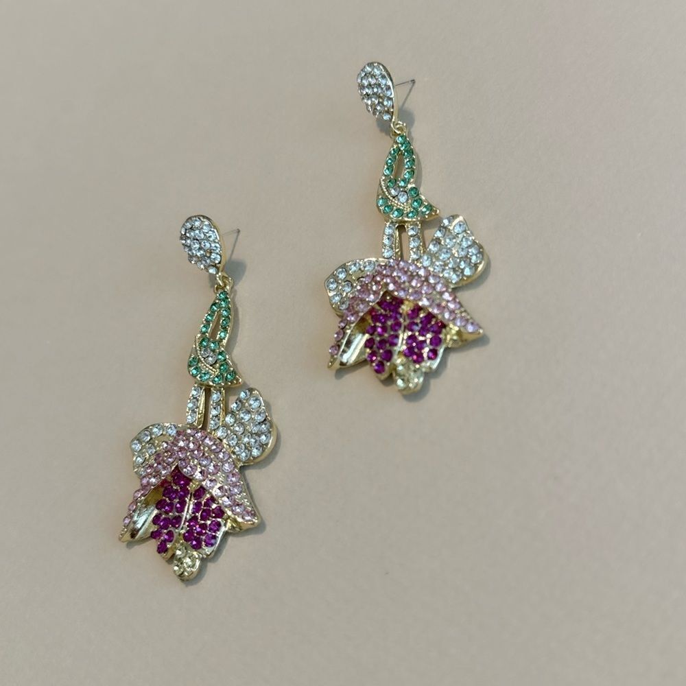 Zara Pink Green Floral Crystal Drop Earrings - Picture 3 of 4